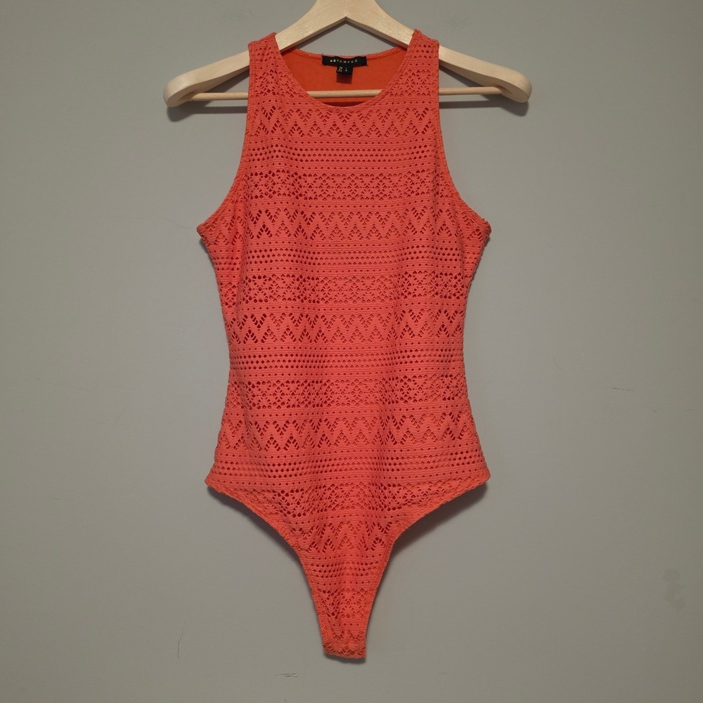 Revamped Geometric Eyelet Crochet Racerback Bodysuit Coral Orange Large
